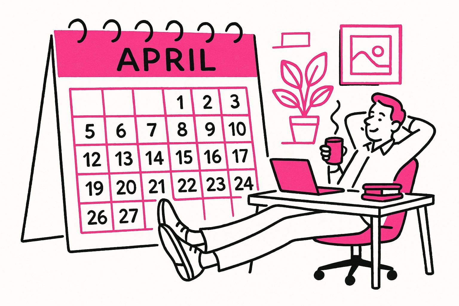 A person relaxes at a desk with a laptop, coffee, and books, preparing for tax season next to a large April calendar.