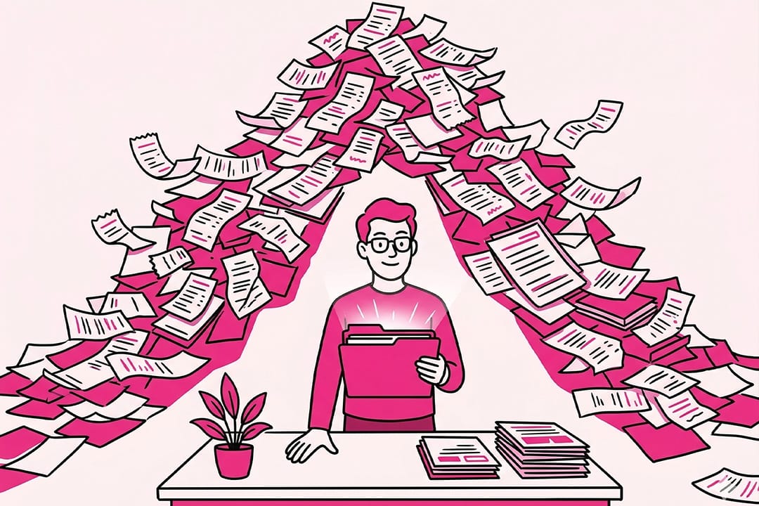 bookkeeping mess Illustration of a person at a desk, overwhelmed by piles of paperwork—months of messy bookkeeping or bookkeeping cleanup.