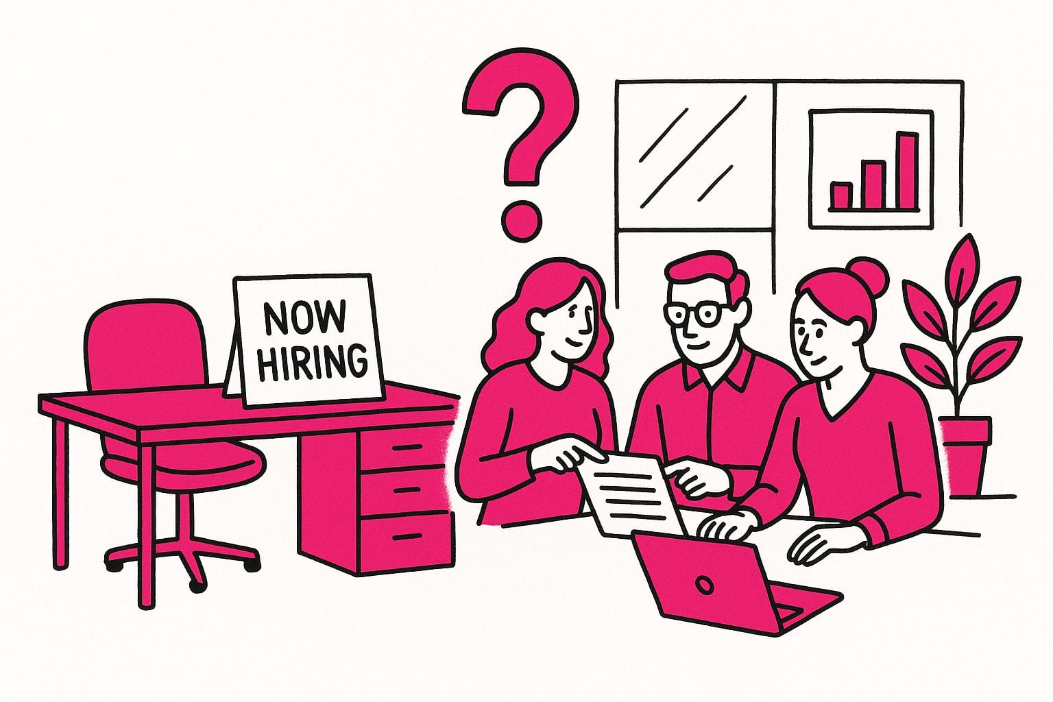 Three people discuss documents at a desk with a Now Hiring sign, considering whether to hire an in-house bookkeeper or outsource bookkeeping.