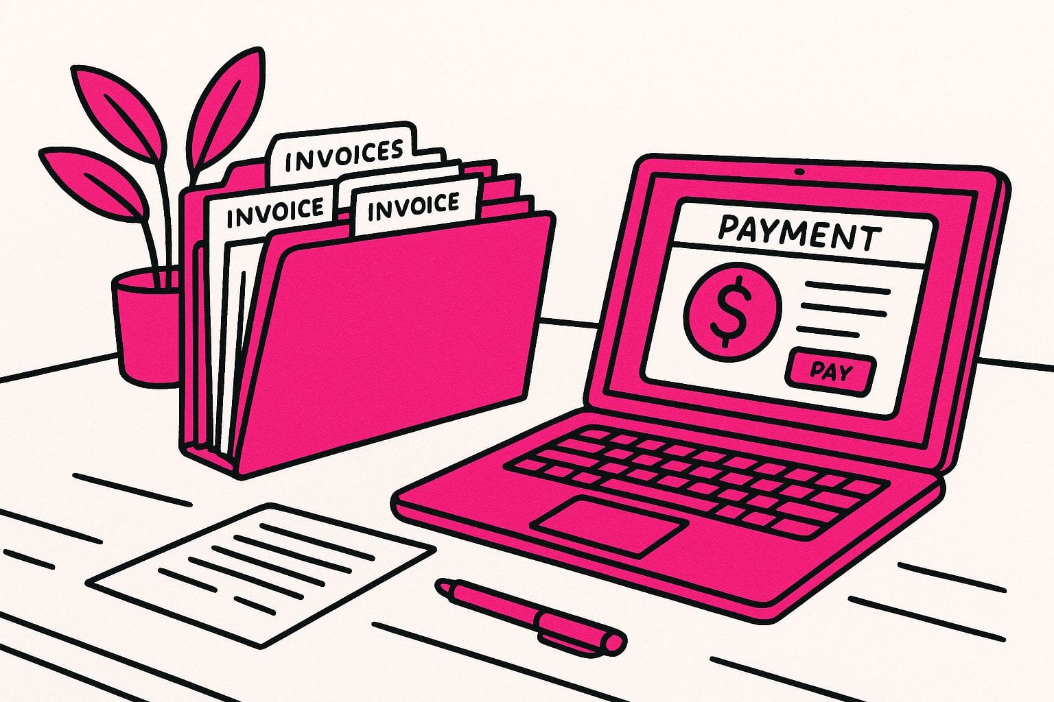 Late Vendor Payments, Vendor Payment System Illustration of a desk with invoices in a folder, highlighting a Vendor Payment System on a laptop screen, plus a plant, paper, and pen.