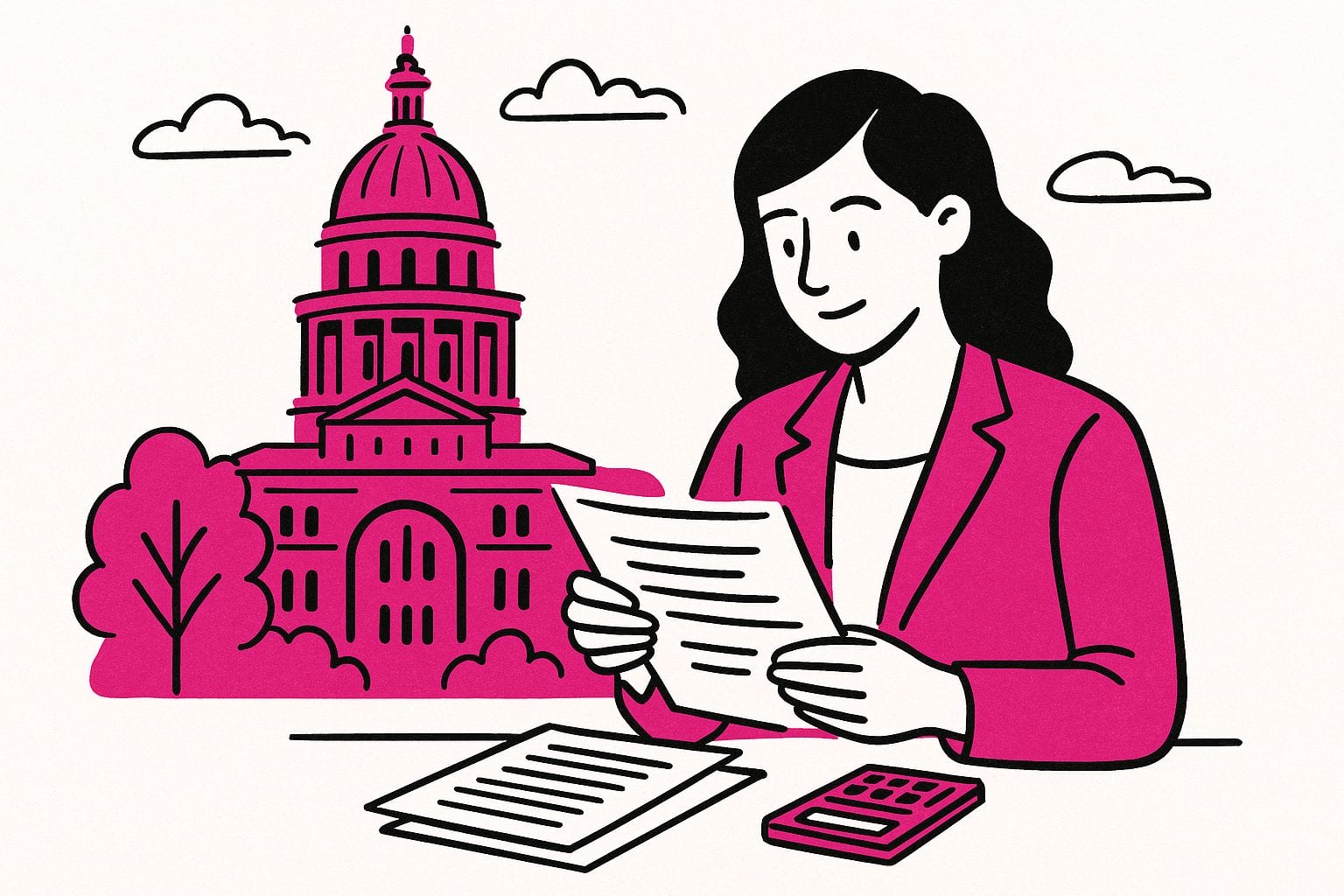 Franchise Tax Illustration of a woman reviewing Franchise Tax documents at a desk with a calculator, the Texas Capital in Austin behind her