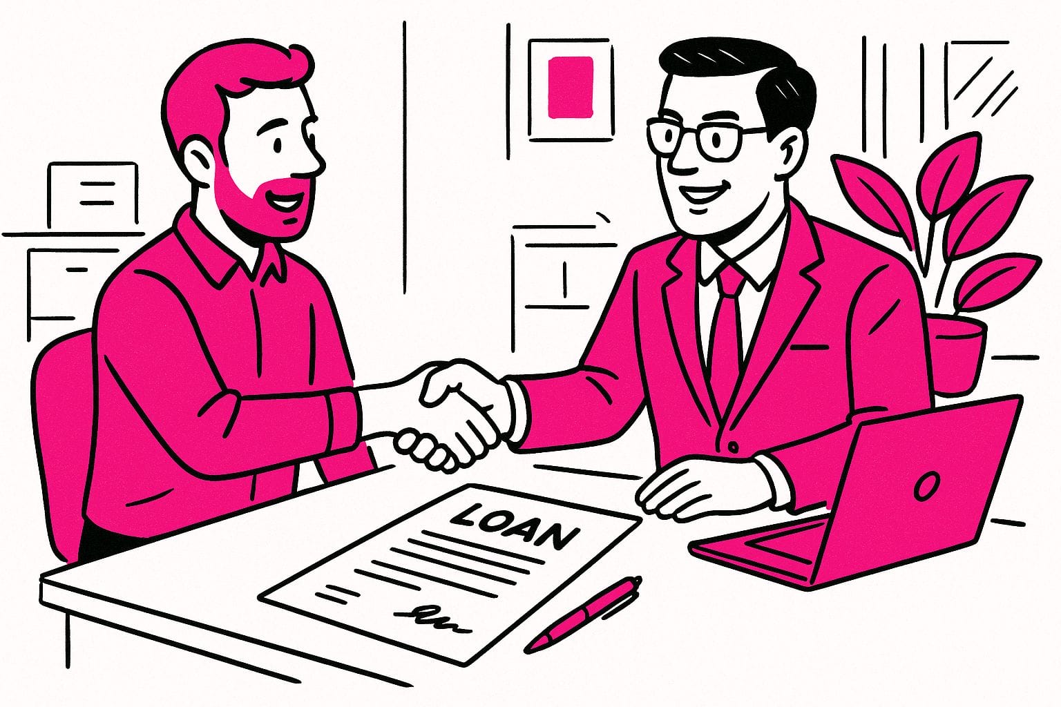 Two men shake hands across a desk with a loan document, pen, and laptop in an office setting.