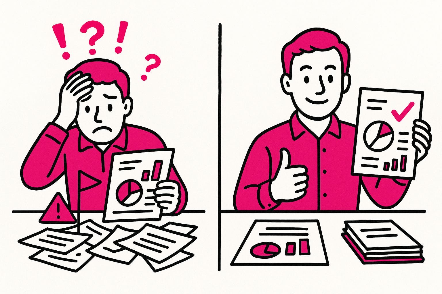 Split image: Left shows confusion with messy papers; right shows a smiling person and a report—check if your bookkeeper is doing good job.