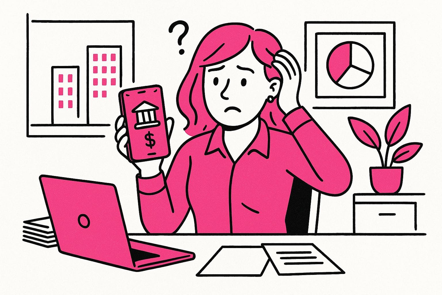 cash vs profit Woman at desk looks confused at her phone’s bank app, puzzling over cash vs profit among charts and papers.