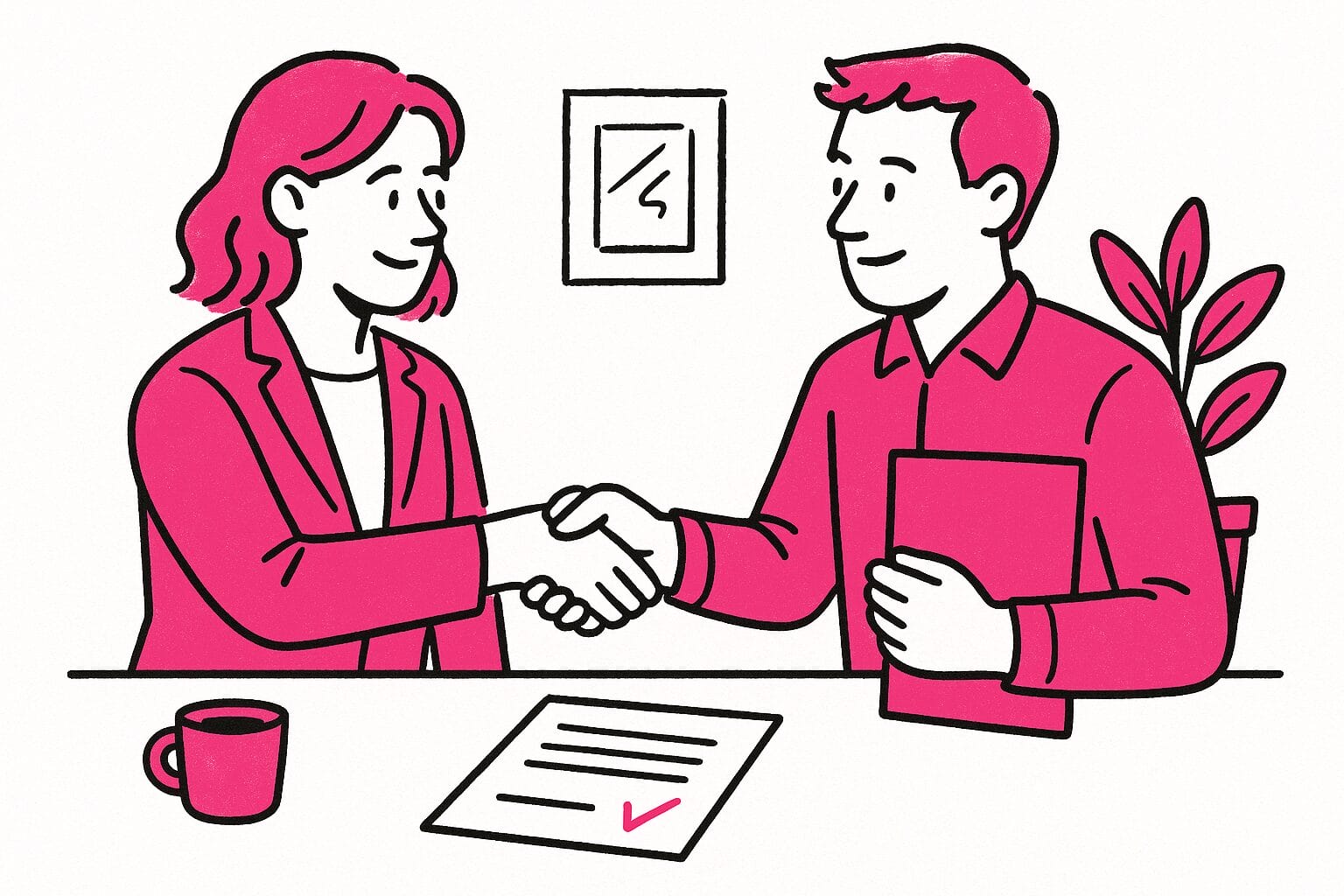 Two people shake hands across a desk, sealing a new bookkeeping client deal for AliCat Solutions; a mug, plant, and document sit nearby.