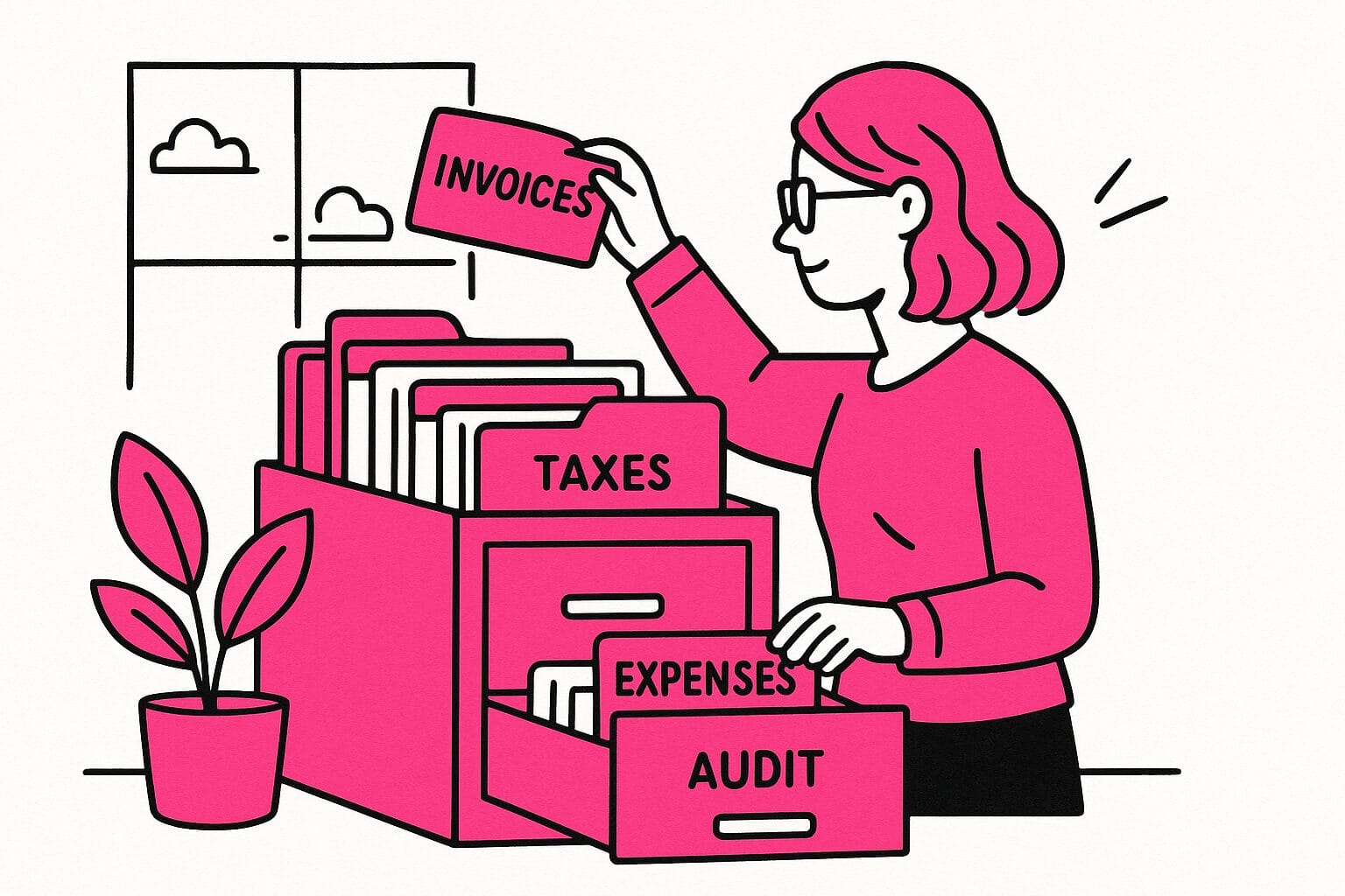 Illustration of a woman organizing file folders labeled invoices, taxes, expenses, and audit in a filing cabinet.