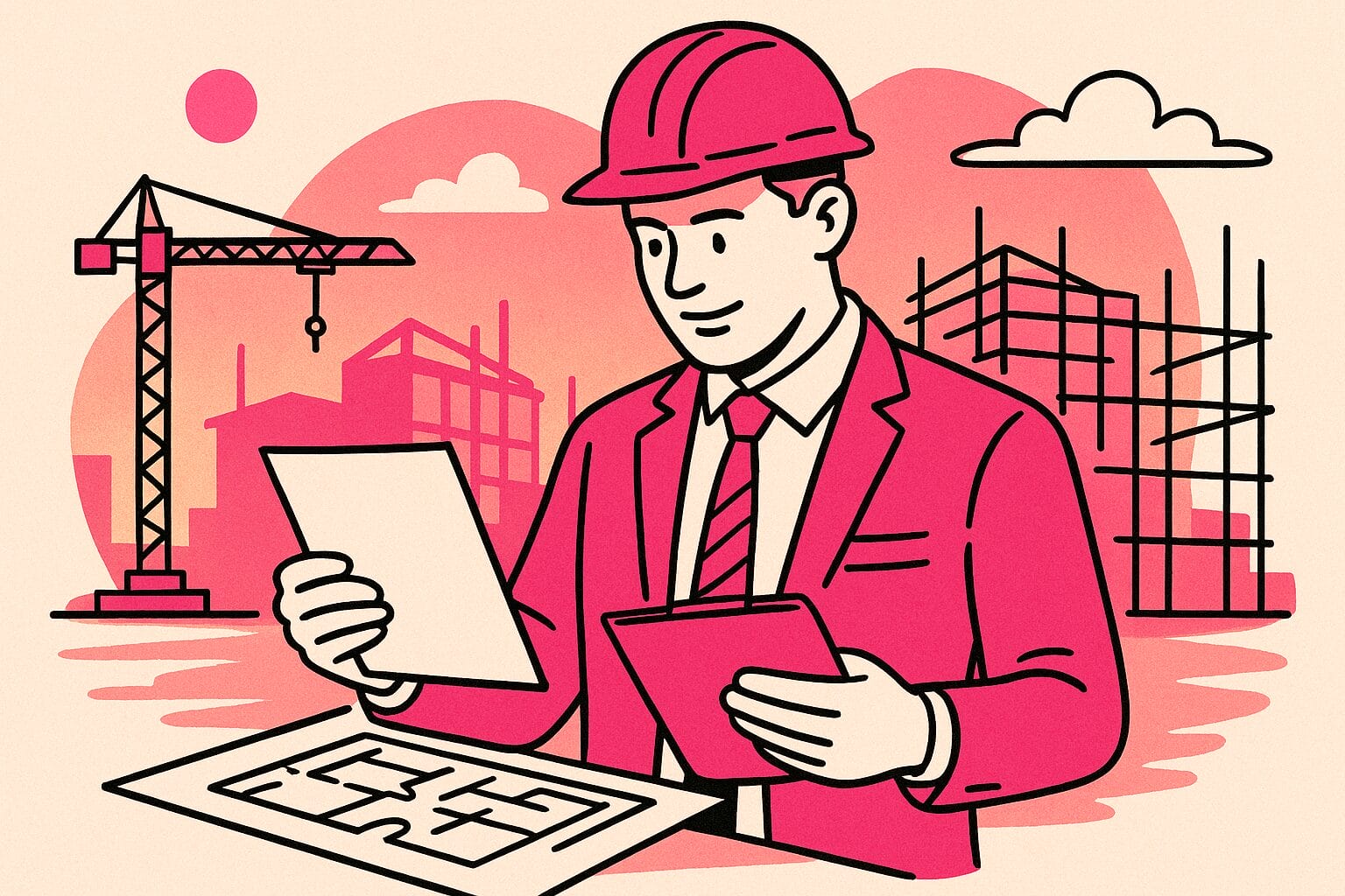 Illustration of a construction manager in a suit and hard hat reviewing documents at a building site with cranes and scaffolding in the background.