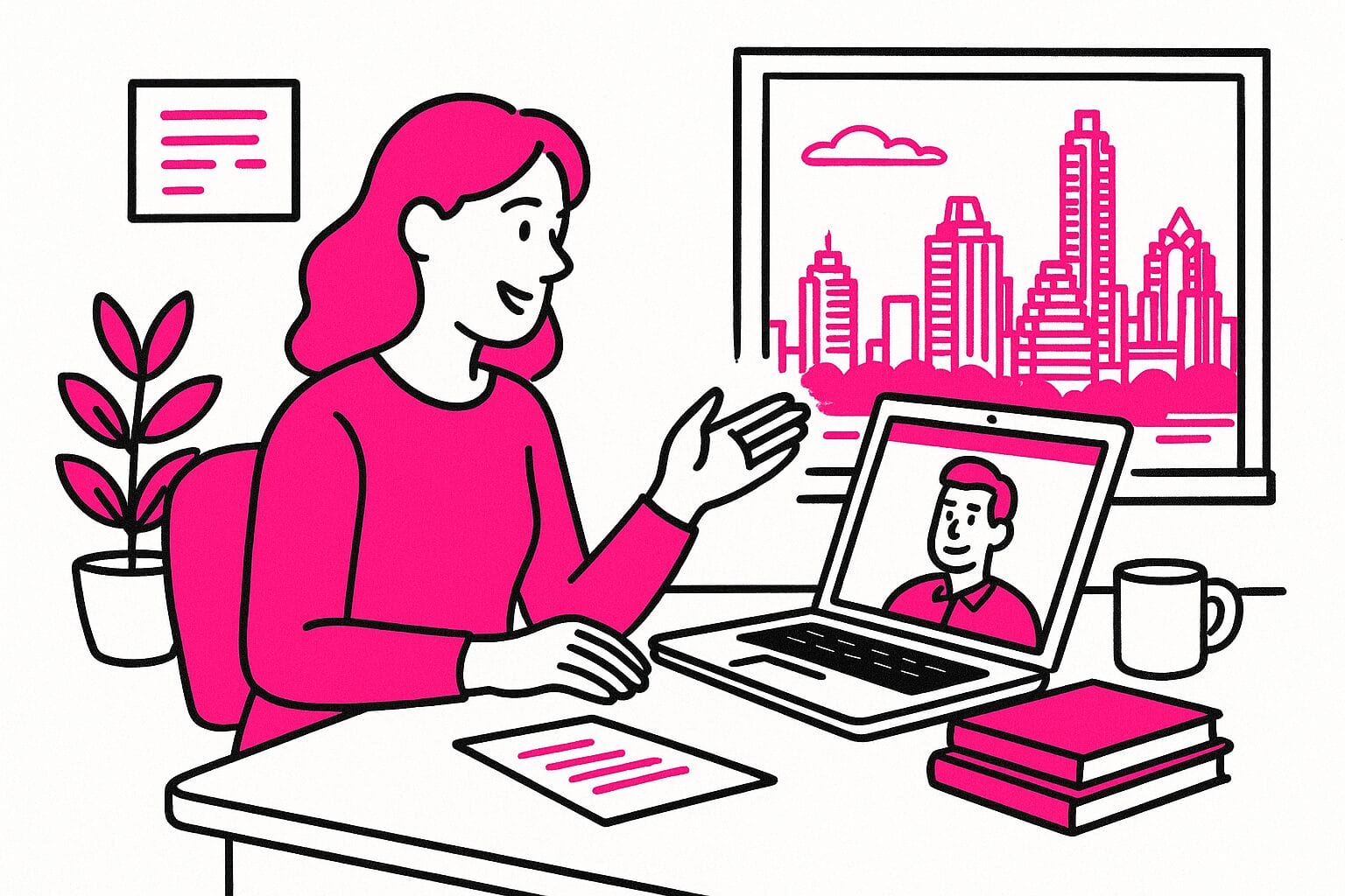 A woman sits at a desk having a video call on a laptop, with a cityscape visible through the window behind her.