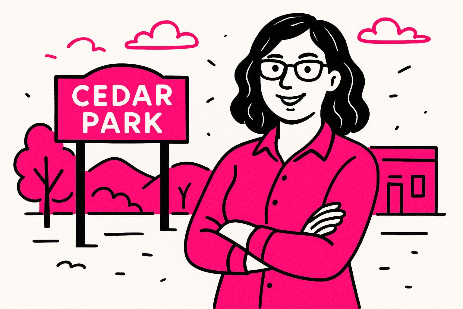 Illustration of a woman with glasses standing in front of a Cedar Park sign, with trees and a building in the background.
