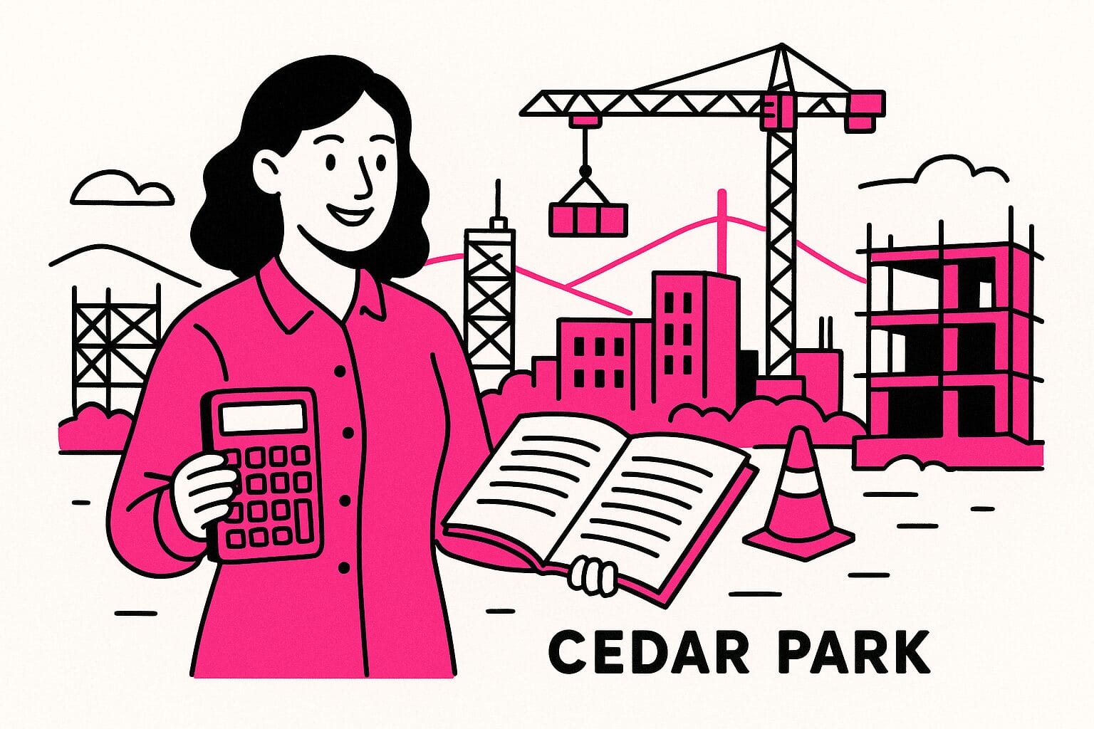 Illustration of a woman holding a calculator and open book, with construction cranes and buildings in the background. Text: Cedar Park.