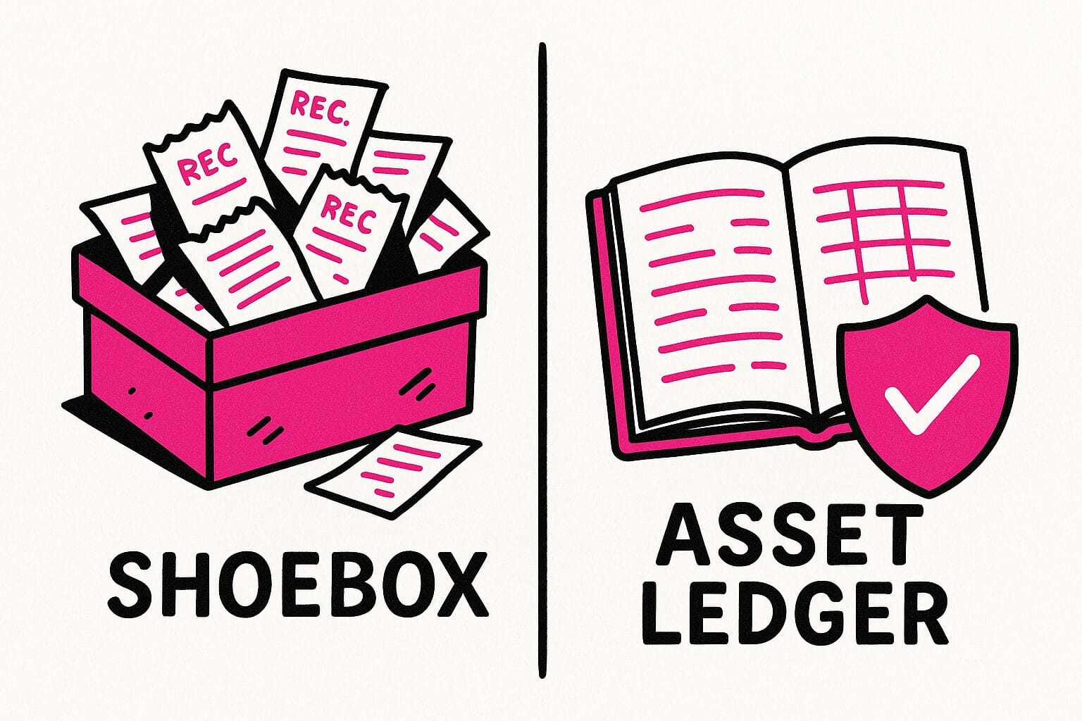 Illustration comparing a box of receipts labeled Shoebox with an open book labeled Asset Ledger and a shield with a check mark.