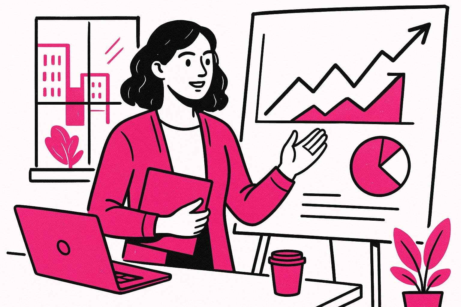 A woman stands by a desk, presenting charts on a board with a rising graph and pie chart, holding a folder next to a laptop.