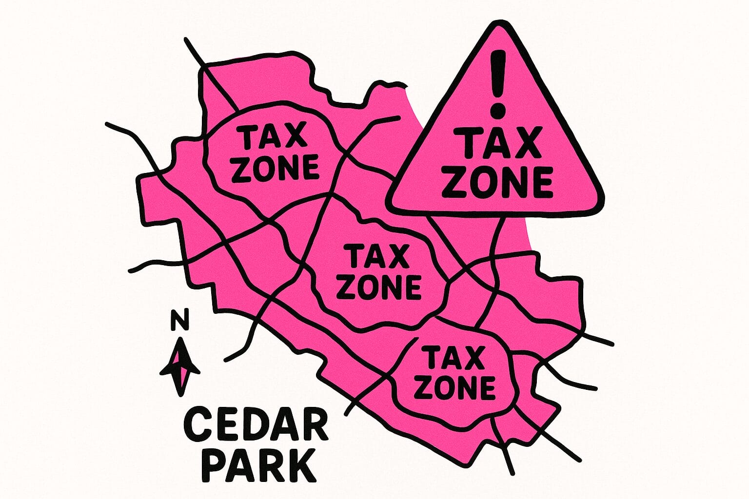 1133 Illustration of a map labeled Cedar Park with multiple overlapping pink TAX ZONE areas and a warning sign reading ! TAX ZONE.