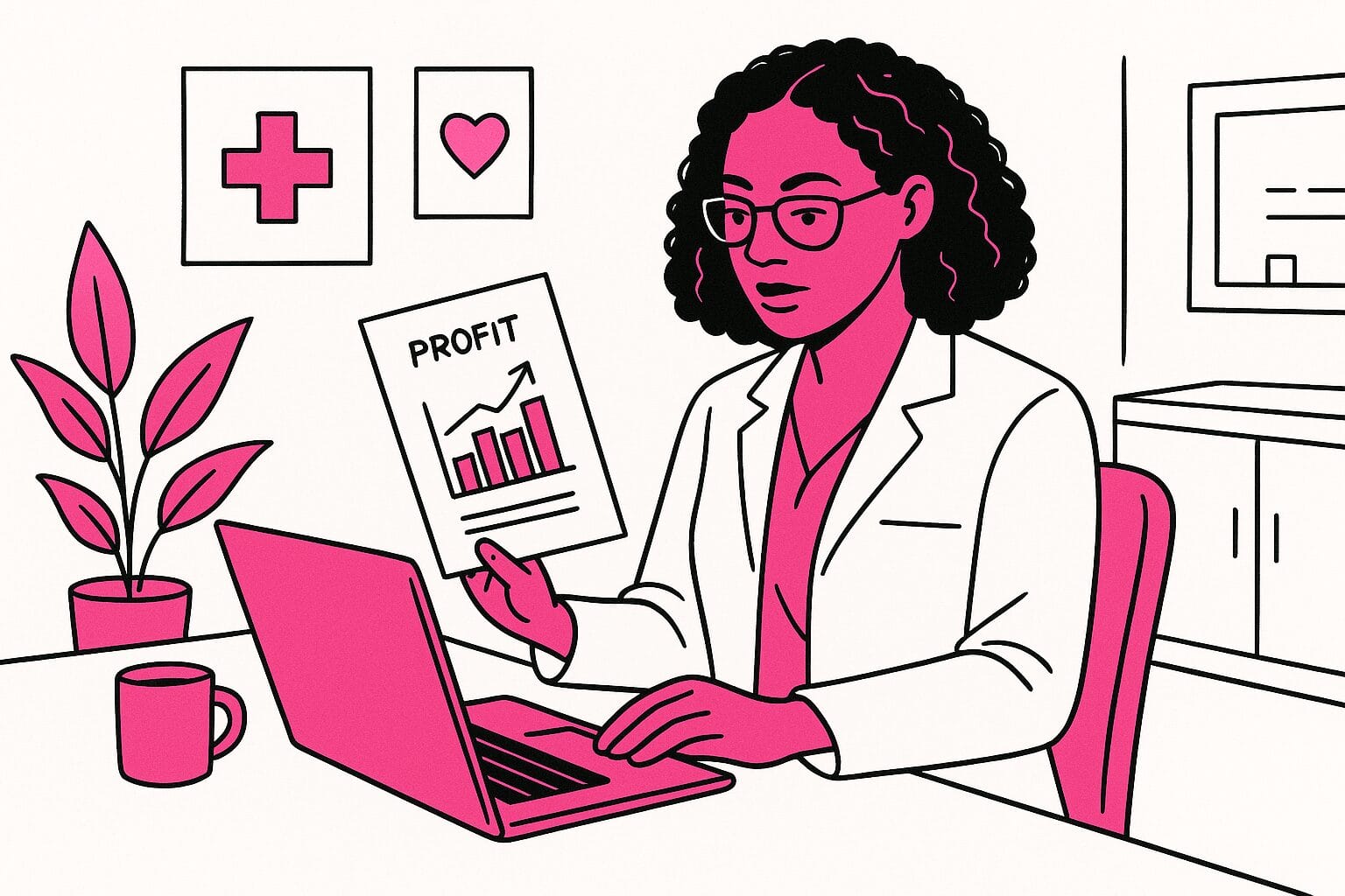 A doctor at a desk holds a paper labeled Profit with a rising graph while working on a laptop in an office.
