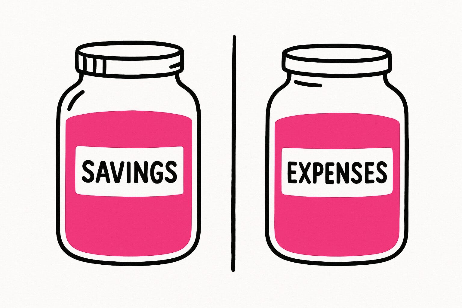 Two jars labeled SAVINGS and EXPENSES, each filled with pink, representing financial categories.