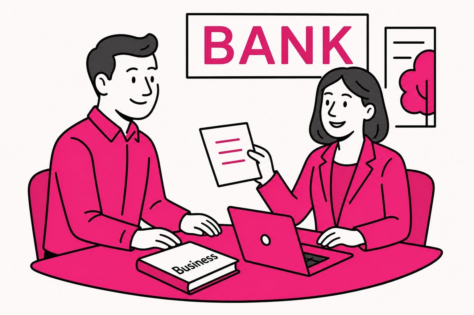 A man and a woman sit at a desk in a Texas bank, discussing documents for a business bank account with a laptop and a Business book on the table.