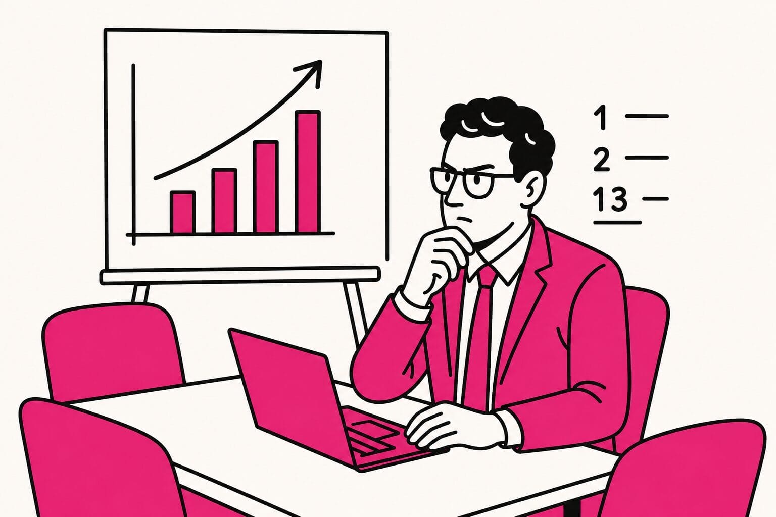 Illustration of a CFO in a suit working on a laptop, with a bar graph chart and numbered list in the background.