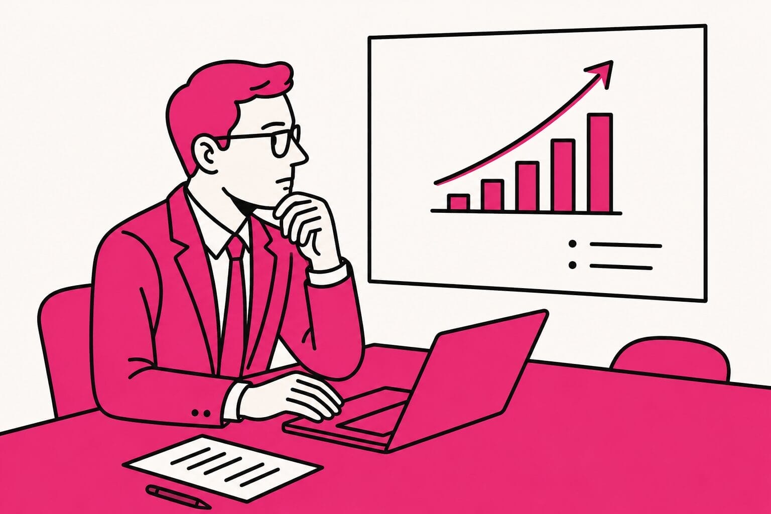 A CFO in a suit sits at a desk with a laptop, analyzing a rising bar chart displayed on the wall.