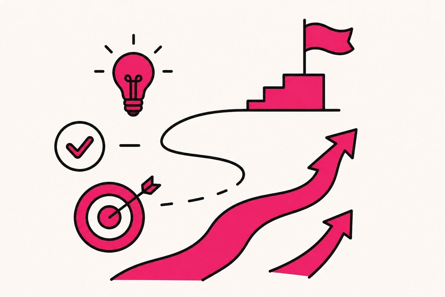 A path with arrows leads past icons to stairs with a flag, symbolizing progress in Texas LLC accounting and first 30 days bookkeeping.