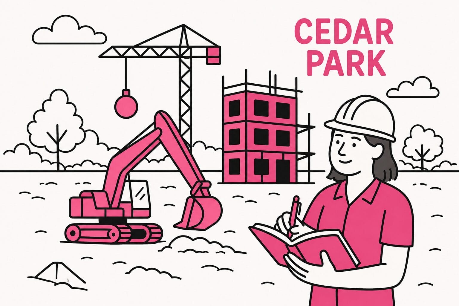 Illustration of a construction site during a building boom, with Cedar Park contractors and heavy equipment, worker in hard hat jotting notes.