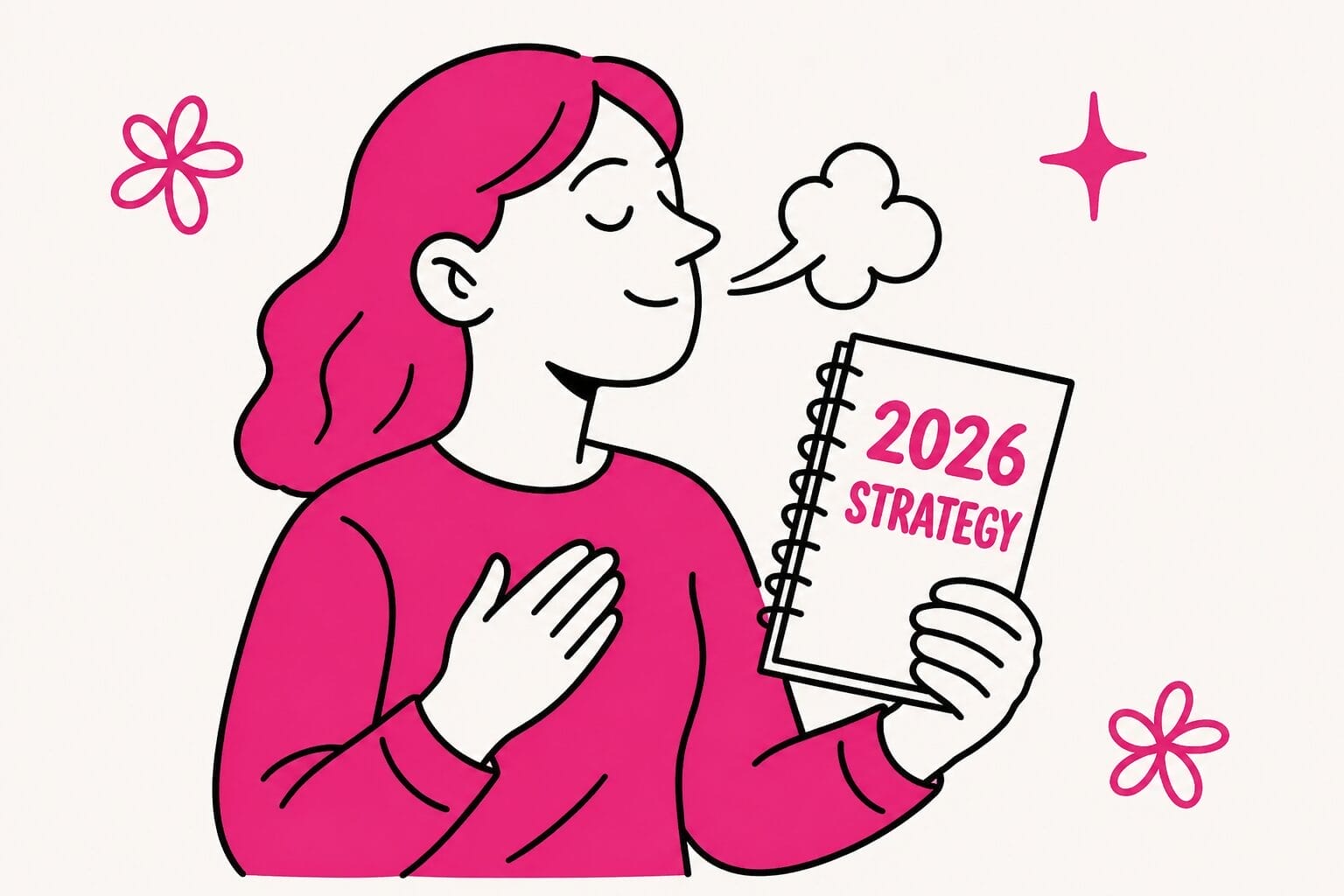 Illustration of a person holding a 2026 Strategy notebook, exhaling calmly after fixing messy books for tax season, with simple decorative elements.