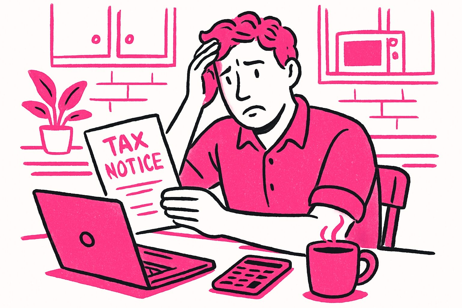 A person sits at a table, looking worried while holding a tax notice, with a laptop, calculator, and coffee cup nearby.