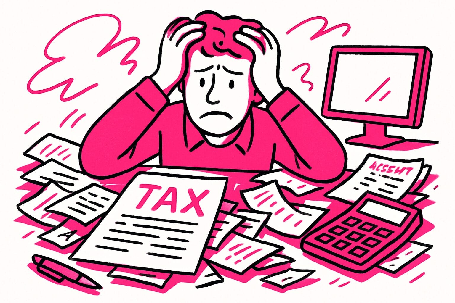 A person sits at a desk, looking stressed, surrounded by tax documents, papers, a calculator, and a computer.