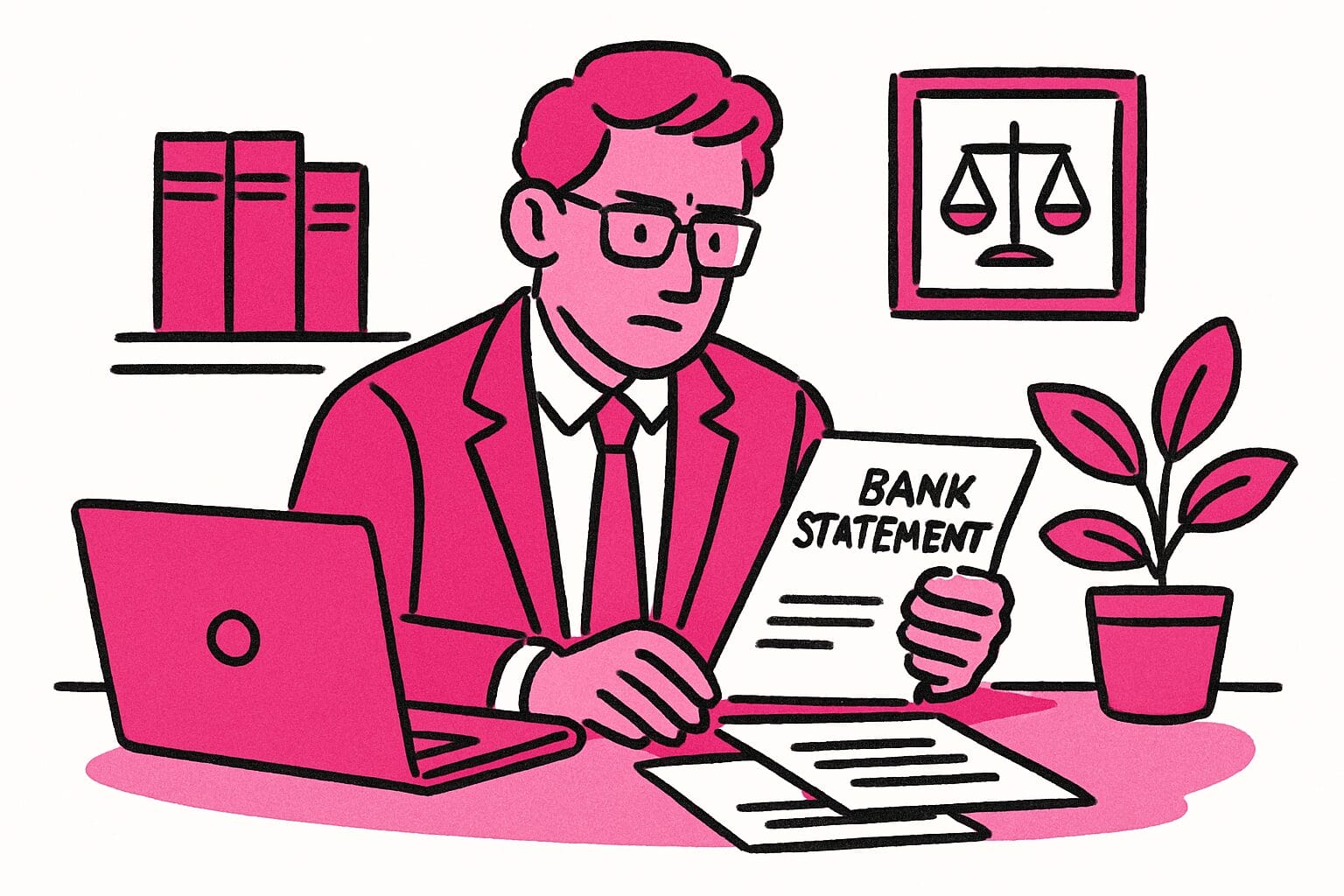 A man in a suit reviews a bank statement at a desk with a laptop, papers, books, and a plant.
