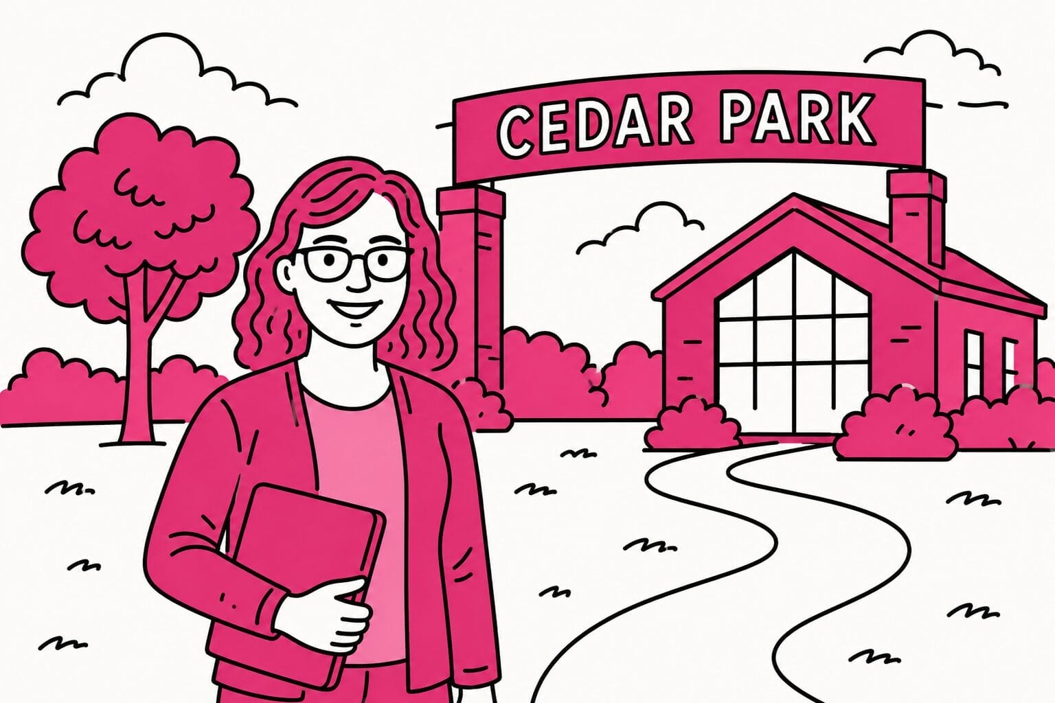 A local CPA holds a folder in front of a Cedar Park entrance sign set in a landscaped outdoor area.